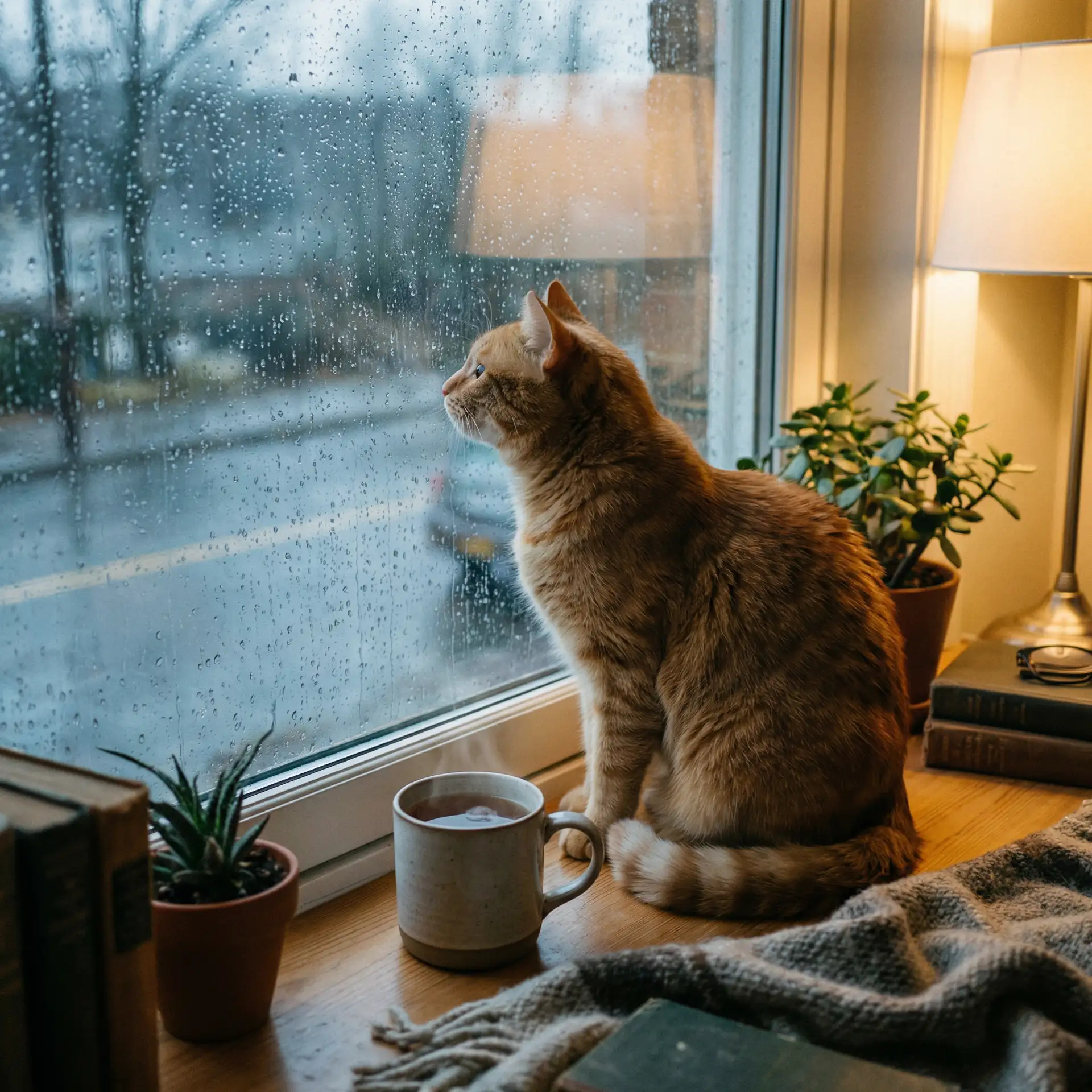 猫咪望着窗外的雨 - 幼女裸体