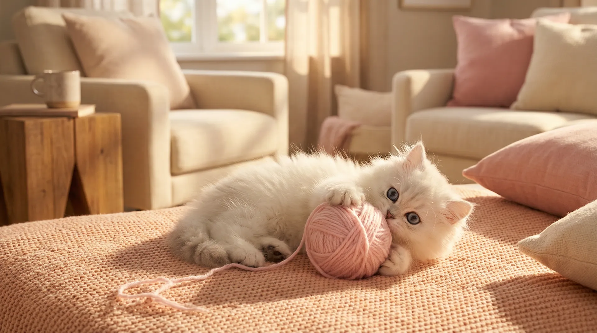 可爱白色小猫玩毛线球 - 幼女裸体